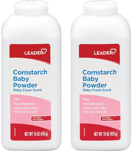 LEADER Cornstarch Baby Powder, Naturally Derived Cornstarch Aloe & Vitamin E, Hypoallergenic, Leaves Skin Silky, Soft and Smooth, Baby Fresh Scent, 15 Ounce (Pack of 2)