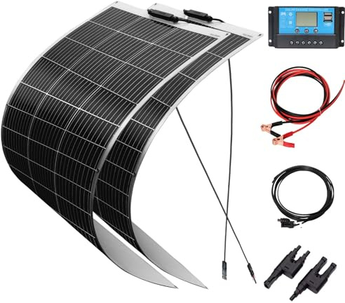 XINPUGUANG 200W kit de Panel Solar 2pcs 100w fotovoltaico módulo monocristalino flexible 20A regulador para automóvil, barco, marina, autocaravana, caravanas, batería de 12v (Blanco)