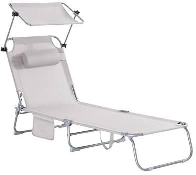 SoBuy Tumbona Plegable de Jardín, Silla Playa con Parasol, Almohada y Bolsillo Lateral, Tumbona Reclinable para Patio, Camping, Playa, Beige, 155x56x81cm, OGS48-MI