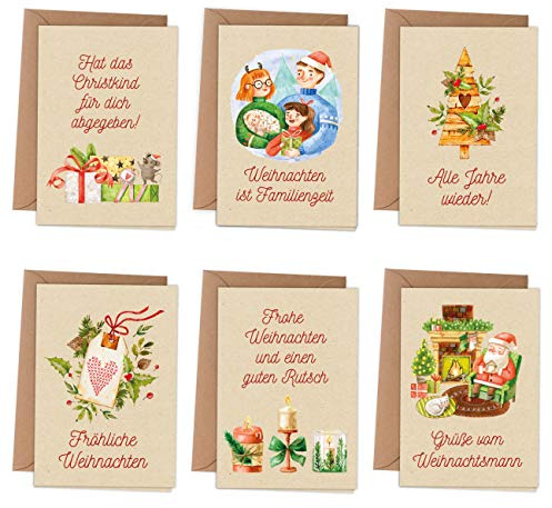Papierdrachen Weihnachtskarten | 6 weihnachtliche Grußkarten als Klappkarte inklusive Umschlag zur Adventszeit - Stilvolles Design zur Weihnachtszeit - Motiv Packpapier - Christmas