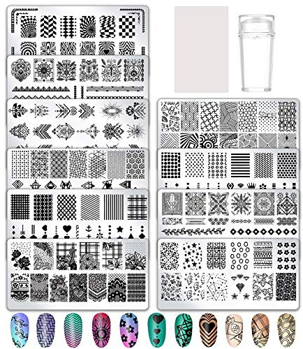 birdsunshine 10 Pcs Nail Stamping Plates, Flowers, Lace, Geometric Patterns Nail Art Stamping Templates Manicure Tool Kit, with 1 Stamper and 1 Scraper