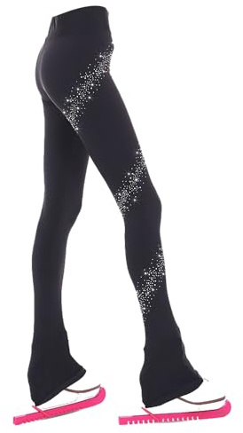 LIUHUO Women Girls Ice Figure Skating Practice Long Pants Premium Warm Tights Trousers Rhinestones Child Skating Leggings - Black - 12-14 Years
