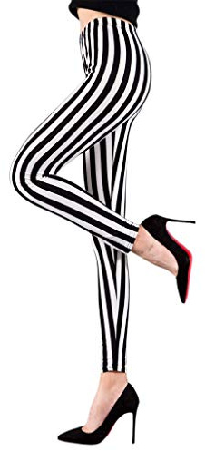 karrychen Femmes Taille Moyenne Longueur Cheville Extensible Leggings Noir Blanc Rayures Verticales imprimé Yoga Sport décontracté Pantalons Capri Collants élastiques