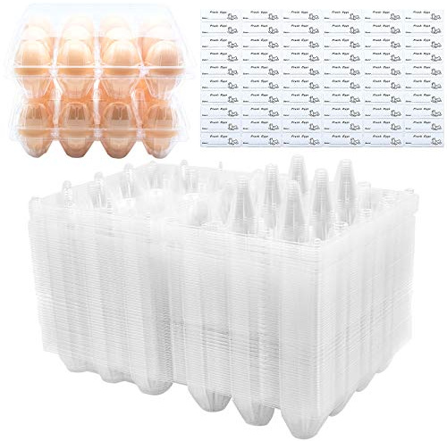 BULKBUY Egg Cartons 60 Packs, Clear Plastic Blank Egg Cartons with Free Labels, Holds up to 12 Eggs Securely, Perfect for Family Pasture Farm Markets Display - Medium