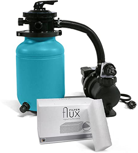 POOL Total Sandfilter Trinidad inkl. Flux Filtermaterial - 4,8 m³/h Sandfilteranlage mit Ø 250 mm Kessel für Pools bis max. 15 m³ Selbstansaugende Filterpumpe mit Vorfilter 6 Wege Top-Mount-Ventil