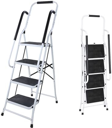 Trittleiter 4 Stufen mit handlauf und Rutschfester Stufen, Robuste Hochwertige Stahlstufen Haushaltstritt Stehleiter Klappleiter, 150 kg max Belastung