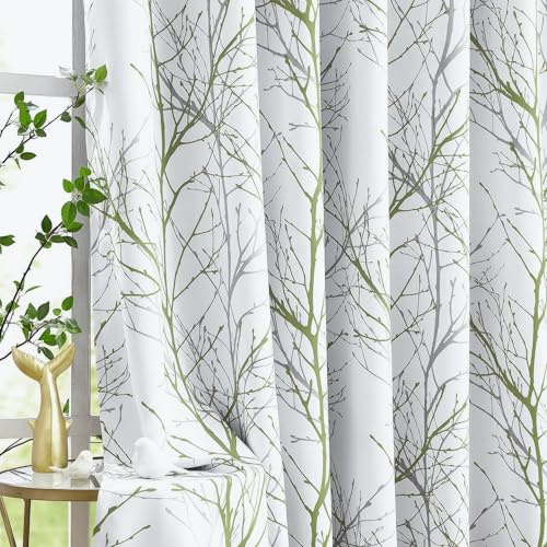 Fmfunctex Sage Green Blackout Curtains for Bedroom 54 Drop Tree Branch Eyelet Curtains for Living Room Thermal Insulated Window Curtain Drapes for Dining Room 2 Panels