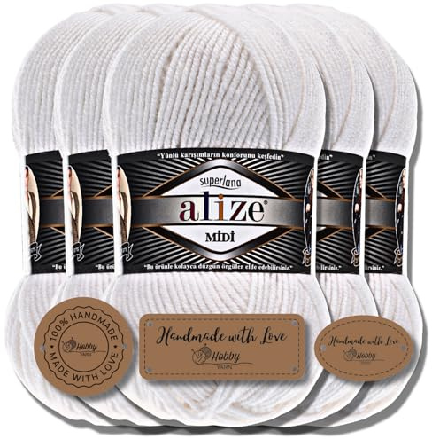 Hobby YARN 3x Etikettenlabel mit Alize Superlana Midi Wolle Premium 5x100g als Set, Yarn, Garn, Strickgarn, Einfarbig, Baby, zum Häkeln, Stricken, Kleidung, Schals (White | 55)