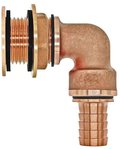 MegaHaustechnik Regentonnendurchführung Winkel 90 Grad, Messing, für 43mm LochØ AG 1 1/4“, Wandung max. 19mm, Dichtung, mit Schlauchtülle AußenØ 25mm für 1“ Schlauch, Fass Verschraubung Tank