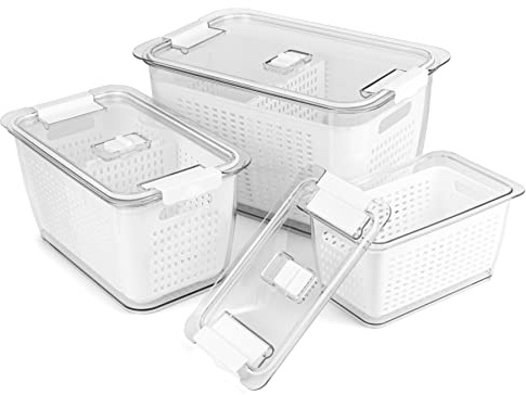 Spesh Frischhaltedosen Set Kühlschrank Organizer Wiederverwendbar Vorratsdosen 3er-Set (2L+4L+5.8L) Kunststoff Kühlschrank Organizer Set mit Deckel und Abtropfsieb (Weiß,3er Set)