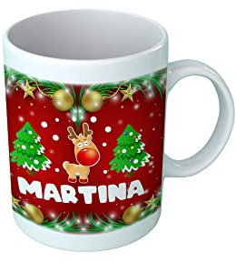 Overthetee, Tazza Natalizia Personalizzata con Nome, Alberi di Natale e Renna, Atmosfera Natalizia, Idea Regalo per Donna/Amica, Microonde e Lavastoviglie, Made in Italy