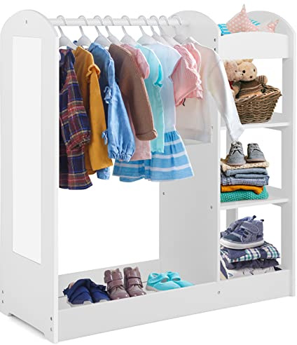 COSTWAY Meuble Rangement Ouverte pour Enfant avec 4 Étagères et Porte-Vêtements Cintre en Bois, Armoire Enfant avec Miroir pour Chambre d’Enfant, Salle de Jeux, 93,5X 38 x 100 cm (Blanc)