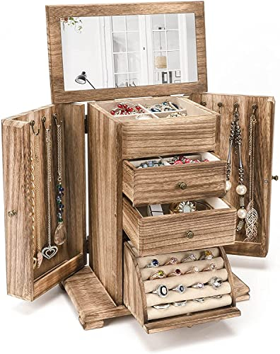 Emfogoo Schmuckkästchen, Schmuckaufbewahrung, Rustikales Holz Groß Schmuckkasten Organizers mit Spiegel, 4 Ebenen Schmuckbox für Ringe, Ohrringe, Halsketten, Armbänder (Rustikal Braun)