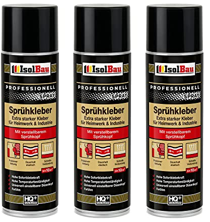 Isolbau Sprühkleber 3 x 500 ml - Extra starker Kleber für Heimwerk & Industrie - Klebe-Spray für Schaumstoff, Holz, Stoff, Leder, Filz uvm
