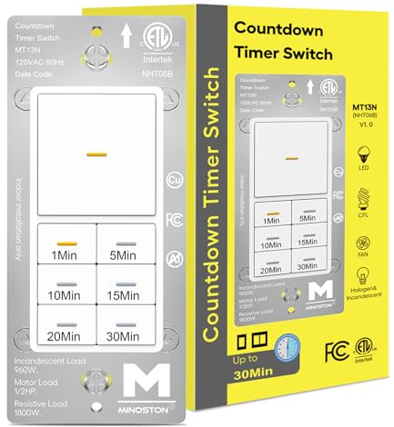 Minoston Countdown Timer Switch with Dimmable Indicator, 30 Min Wall Bath Fan Timer Switch for Bathroom Exhaust Fan and Light, 1-5-10-15-20-30 Minute, Neutral Wire Required, 120V, White (MT13N)