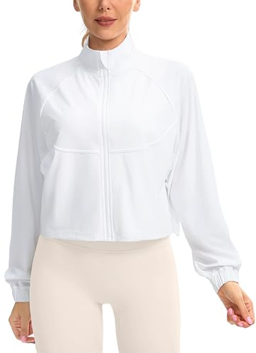Soothfeel Women's Athletic workout Jacket Lightweight UPF 50+ Long Sleeve Sun Protection Shirts Zip Up Cropped Hiking Tops (White, M)