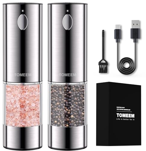 TOMEEM Electric Salt and Pepper Grinder Set, USB Rechargeable Salt and Pepper Grinder Set| Made of Stainless Steel | Adjustable Ceramic Grinder | LED Light