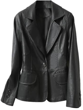 Echte Schaffell Leder Blazer Jacken Für Frauen Revers Kragen Single Button Slim Schaffell Mantel, Schwarz , 48