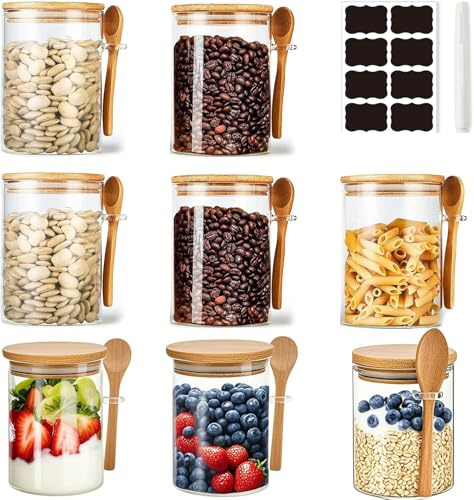 NEEMOSI Vorratsdosen Glas mit Deckel,Gut Verschlossenes Vorratsgläser mit Löffel und Deckel,Ideal für die Aufbewahrung von Trockenwaren,Gewürzen,Tee,Kaffee,Nüssen,Samen usw (540ML×8)
