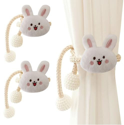 AOOPOO Raffhalter für Vorhänge, 2 Stück Cartoon Tiere Vorhanghalter Seil Gardinenclips Süßer Bär Hase Löwe Vorhang Raffhalter mit Perle Ball Gardinen Binder Haken Ringe für Kinderzimmer Dekoration