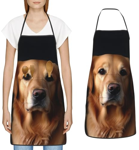 YoupO Kochschürze mit Goldenen Retriever-Druck, mit großen Taschen, Küchenschürze, wasserdicht, Arbeitsschürze für Männer und Frauen, Weiss/opulenter Garten, Einheitsgröße