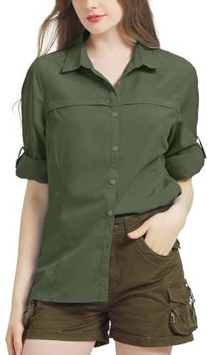 Jogwits skjortblus dam UPF 50 UV skydd andas snabbtorkande safari-kläder damer lediga toppar sport toppar långärmad skjorta damer utomhus vandringströja, Armégrön, L