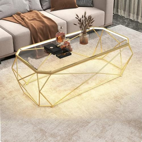 GQMYCDM LED Coffee Table, Glass Coffee Table, Modern Coffee Table, Coffee Tables for Living Room with Gold Steel Frame, Glass Center Table for Living Room (Color : Clear+Single layer, Size : 39in/10
