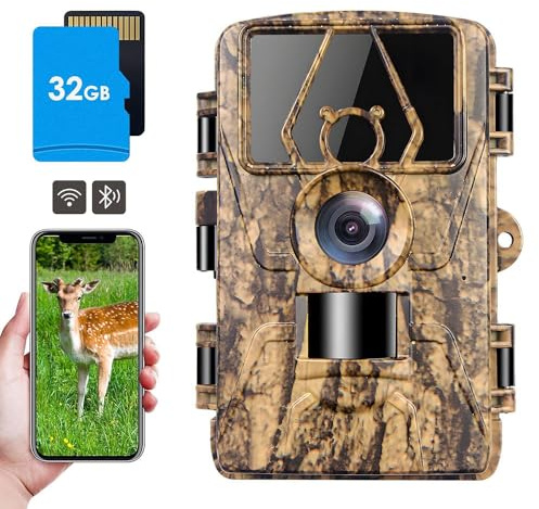 Fototrappola WiFi Bluetooth 8K 60MP, Fotocamera Caccia con Visione Notturna con APP, 120°Ampia Visuale Fototrappola Infrarossi Invisibili con Velocità di Trigger 0,2S, IP66, per la Fauna Selvatica