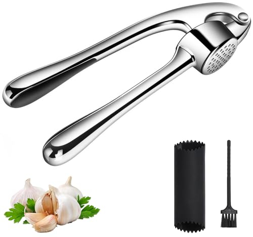 Nutmanel Knoblauchpresse, Knoblauchschneider Garlic Press, Kein Schälen Notwendig, 3-Teiliges Knoblauchzerkleinerer, Küchenhelfer Knoblauchschneider, Silber, Kitchen Knoblauch Crusher