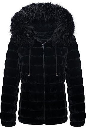 Geschallino Giacca Pelliccia Sintetica Donna Taglie Forti Reversibile imbottitura Corto Piumino Cappotto con Cappuccio 19225Plus Nero XL