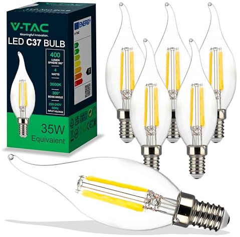 V-TAC 6x Ampoules LED Filament Flamme Bougie E14-4W (équivalent à 35W) 400 Lumen - 3000K Blanc Chaud - Ouverture du faisceau lumineux 180° - Ampoule Efficacité Maximale et Économie d'Énergie