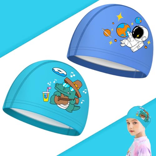 MKVZIYE 2 Pcs Bonnets de Bain Mignons Enfants Bonnets de Natation de Compétition Dessin Animé Bonnet de Bain en Polyester Élastique Bonnet de Bain pour Garçons Filles de 1 à 8 Ans