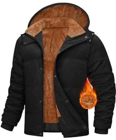 CMTOP Winter Jackets for Men Fleece Lined Mens Coats Fluff Warm Parka Jacket Padded Thermal Outdoor Jackets Thick and Comfortable Fur Coat with Pockets and Detachable Hood(Black,M)