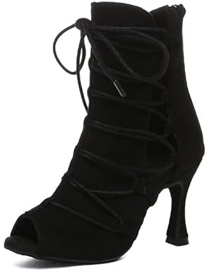 SWDZM Bottine Danse Latine Femme Talons Hauts Salsa Pro Dancehall Peep Toe Dance Shoes,Noir,Talon-8.5CM,EU 39