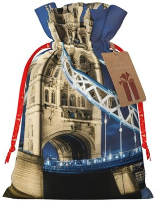 Luckily&Day Geschenktasche mit Kordelzug und Motiv Tower Bridge in London, für Hochzeit, Party, Geburtstag, Geschenktasche, wiederverwendbare Leinentasche, 1 Stück, klein