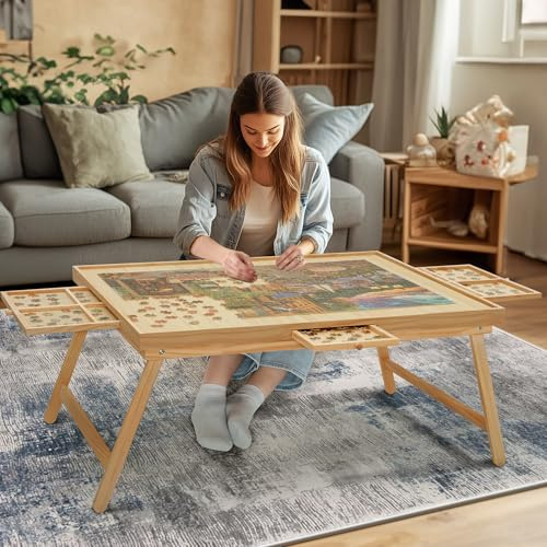 YKHALLYBEE Pusselbord 2 000 delar träpusselbräda med ben, 104 cm x 70 cm pusselbräda med 4 lådor och lock, vikbart ben pusselbord för vuxna naturlig