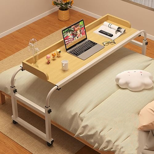 Klappbarer Betttisch mit Rollen, höhenverstellbares Klappbett, Rolltisch fürs Bett, Kingsize-Betttisch, Nachttisch aus Holz, Laptoptisch, mobiler Computerarbeitsplatz für Queensize-Bett (Natur 120 x 4