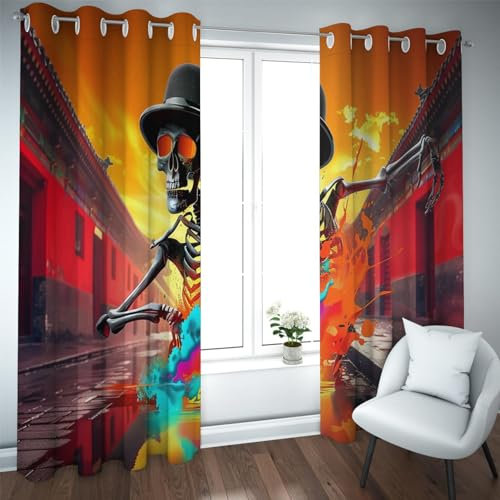 Deertweet Home Aquarell Graffiti Fenster Vorhänge Schädel Skelett Muster Verdunkelungsvorhänge für Schlafzimmer Wohnzimmer Raumteiler Vorhänge 2 Paneele H210xB140