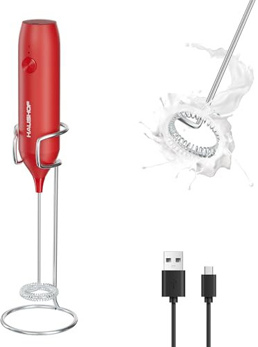 HAUSHOF Mousseur à Lait Électrique, Mousseur de Lait Portable avec Support, Rechargeable via USB, pour Café, Latte, Cappuccino, Matcha, Rouge