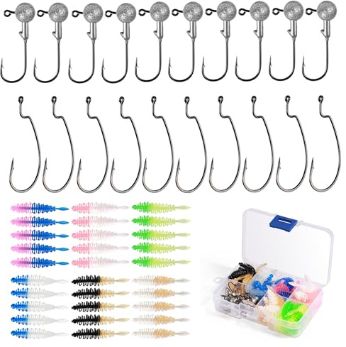 Annyswit 50 Pcs Fishing Jighead with Offset Hooks & Soft Lure Rubber Set with Box, Trout Lures, Dual-Color Soft Bait Rubber Fish, Bass Lures for Freshwater Saltwater Fishing