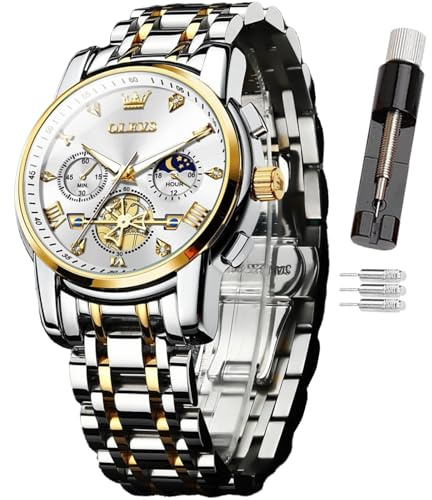 OLEVS - Reloj de lujo para hombre con código de tiempo, correa de acero inoxidable, resistente al agua, subesfera multifuncional, cuarzo redondo, Moderno