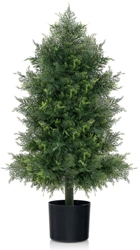 RELAX4LIFE Arbre Topiaire Artificiel 80 CM, Faux Cèdre Pin Réaliste avec Feuilles en PE, Base en Plastique Coulée dans du Ciment, Plantes Persistantes Artificielles pour Intérieur et Extérieur, Bureau