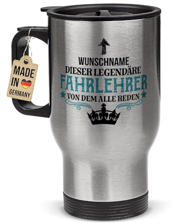 Tassendruck Edelstahl-Thermobecher selbst gestalten mit Name - Fahrlehrer mit Herz - Geschenk für Fahrlehrer, Abschiedsgeschenk, Coffee To Go Becher, Personalisiert, Silber, 390 ml