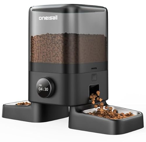 oneisall 5L Futterautomat Katzen 2 Näpfe, Katzenfutter Automat Kabellos mit 304 Edelstahlnapf, 1-6 Mahlzeiten pro Tag, Futterspender Trockenfutterspender für Hunde Katzen