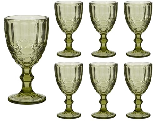 Dibor Wine Glasses Set of 6 Embossed Vintage Style Glassware Set (Green) | Dishwasher Safe, Embossed, Baroque Style, Coloured Glass, Chalice Tumblers, Wine Goblets