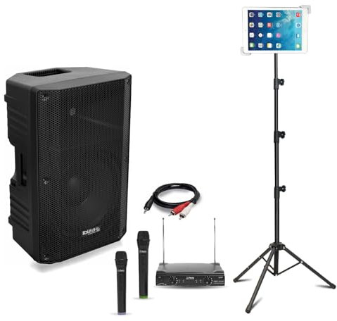 Ibiza - Karaoke-Aktiv-Lautsprecher-Set Ibiza Bluetooth USB XTK12A-MKII 500 W – 2 kabellose Mikrofone – Halterung für Tablet SMM20 – Party Sono
