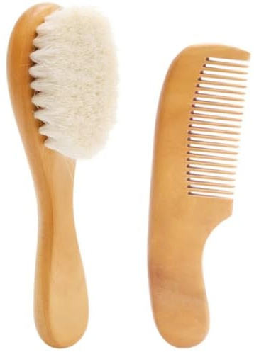 Babybürste Set natürlicher Holzbabypinsel und Kamm Set enthalten Haare und Kamm weiches Neugeborene Haare mit Griff- Wollborsten Pflege -Kit Geschenke für Jungenmädchen.