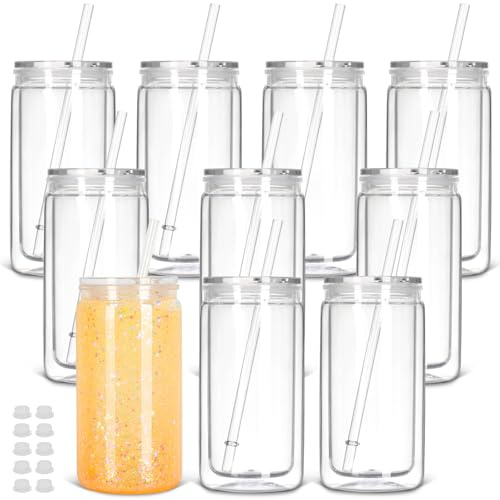 Tswofia Kunststoff-Schneekugelbecher mit Deckel und Strohhalm, doppelwandig, vorgebohrt, für Schneekugel, Glitzer, DIY-Geschenk, transparent, 473 ml, 10 Stück