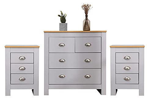 FUSIDE 3 Pieces Bedroom Set Chest of Drawers Bedside table set of 2 Wooden Storage Unit for Living Room Furniture,White or Grey (Grey+Oak)