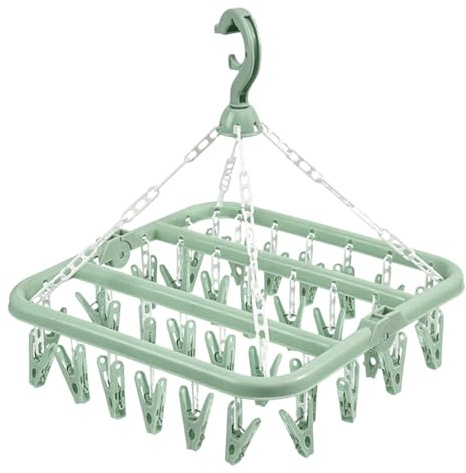 JFGDVW Clothes Drying Hanger With 32 Clips, Foldable Clothes Airer, Multi-Functional Sock Dryer, For Socks, Underwear, Bras, Baby Clothes, Small Laundry Items (Green)